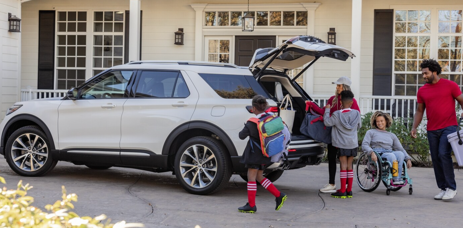 Open trunk of new white 2026 Ford Explorer in Boerne, TX